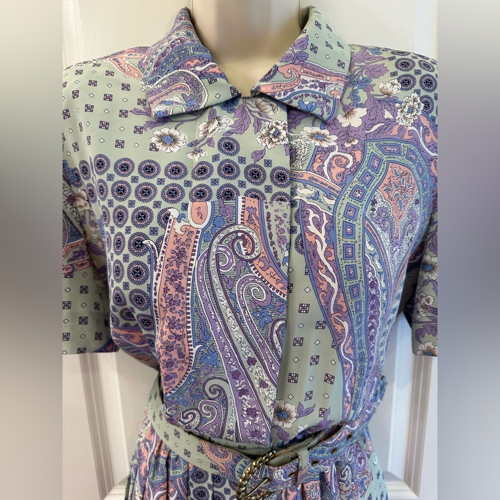 Leslie Fay Patchwork Print Dress Vintage Belted Pleated Skirt Women’s Size 10 - Picture 7 of 12